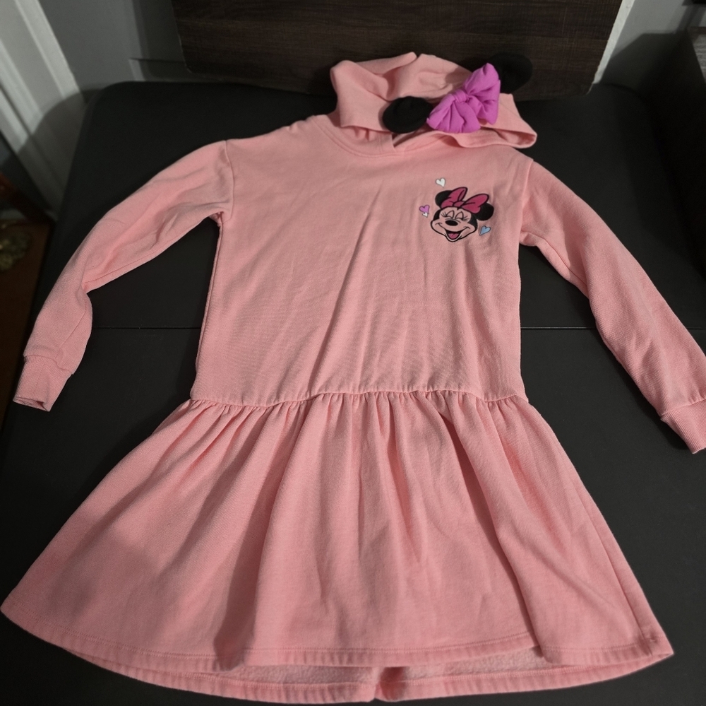 Disney Mini Mouse Pink Hooded Long Sleeve Dress Girls Size Large 10-12